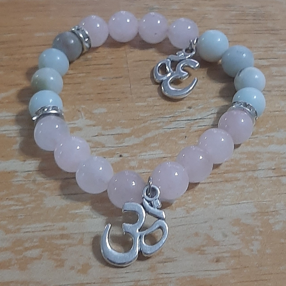 Pink and Silver Beaded Bracelet with Om Charm